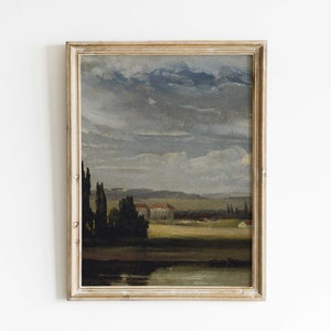 European Landscape Painting, Print of Antique Oil Painting, Landscape View with Cloudy Sky, Vintage Wall Art