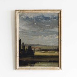 Vintage European Landscape Painting, Print of Antique Oil Painting, Landscape View with Cloudy Sky, Vintage Landscape Print,