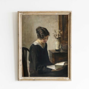 Vintage Portrait Painting: Lady in Black Reading, European Art Print