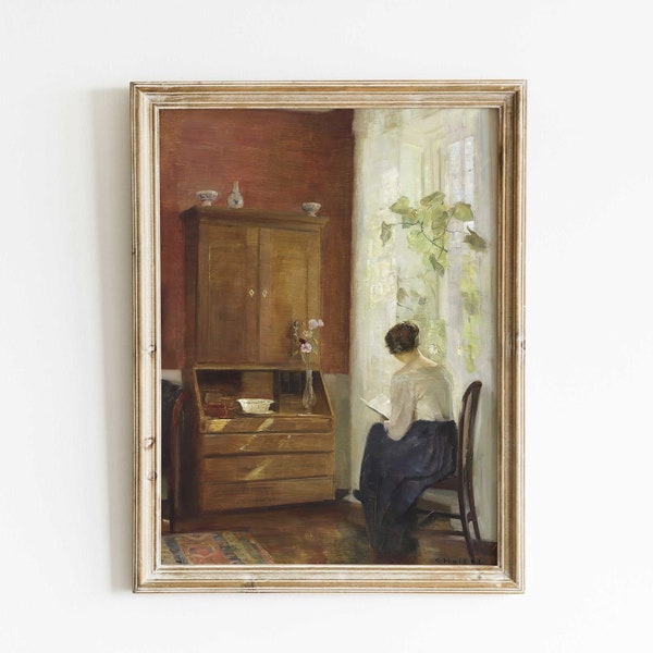 Vintage portrait de femme lisant par la fenêtre, scène d'intérieur, impression de peinture à l'huile ancienne