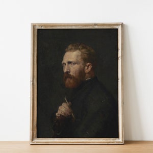 Vintage Portrait Print, Vincent Van Gogh Self Portrait, Print of Antique Oil Painting, Dark Moody Wall Art