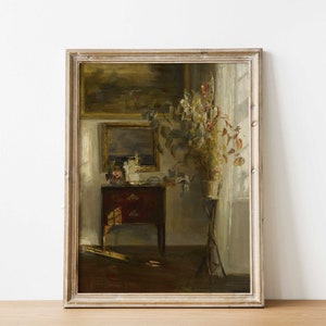 Vintage Interior Scene | Antique Oil Painting Print | Old House Interior Illustration