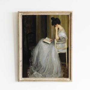 Antiek olieverfschilderij: lezende vrouw, humeurig vintage portret