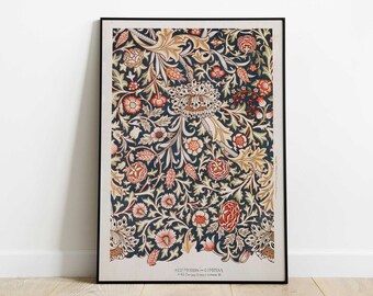 May include: A vintage poster featuring a floral pattern in shades of red, pink, green, and blue. The pattern is a repeating design of stylised flowers and leaves on a dark blue background. The poster is framed in black and includes the text "W. MORRIS & COMPANY 449 OXFORD STREET LONDON W."