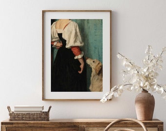 Vintage Woman and Dog Portrait Print:  Altered Antique Painting, Rustic Wall Art Decor