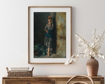 Grabado antiguo de retrato de niña francesa: Reproducción de pintura vintage de una niña comiendo cerezas