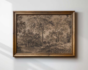 Antique Watercolour and Graphite Sketch Print, Vintage Forest Landscape, Printed and Shipped, Hartsholme Prints