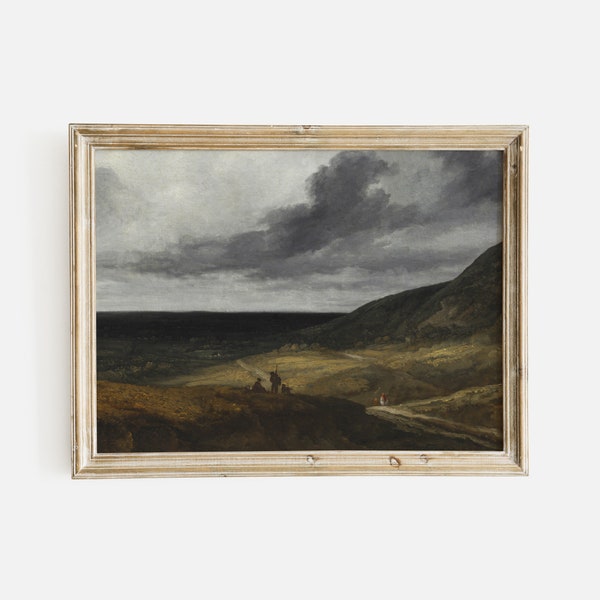 Impression de paysage sombre et maussade, peinture de paysage européenne vintage, paysage avec ciel nuageux, paysage près de Paris