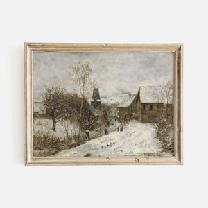 Winter Village Landscape painting, Holiday Season Rustic Decor Art Print