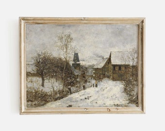 Winter Village Landscape painting, Holiday Season Rustic Decor Art Print