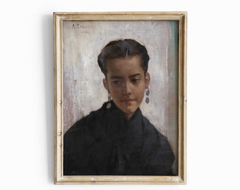Vintage Oil Portrait Print, Victorian Woman Painting, Antique Wall Art Decor