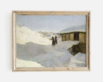 Vinterbylandskapsmålning, snöig stuga i dalen, konsttryck, juldekor, postkonst