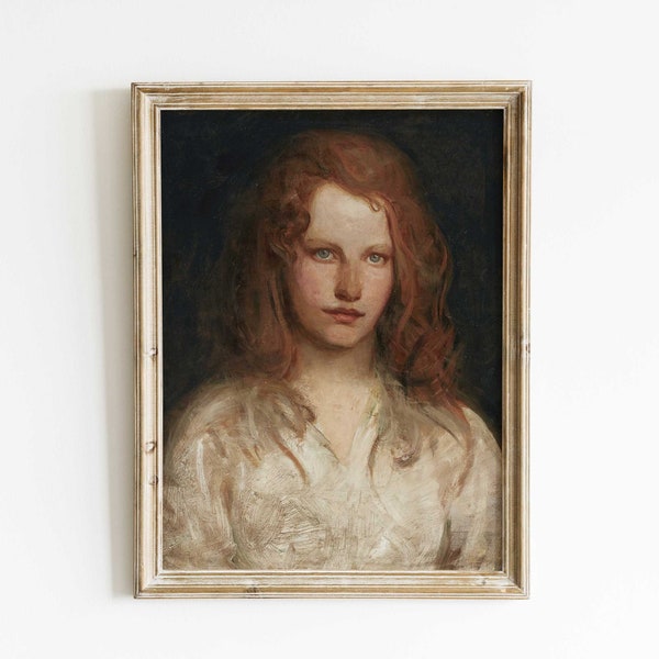 Antique Young Woman Portrait Painting, Victorian Wall Art, Dark and Moody Premium Fine Art Print