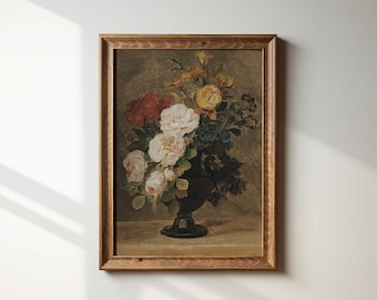 May include: A framed painting of a still life featuring a bouquet of white, yellow, and red flowers in a dark vase. The flowers are arranged in a vase with a dark brown background.