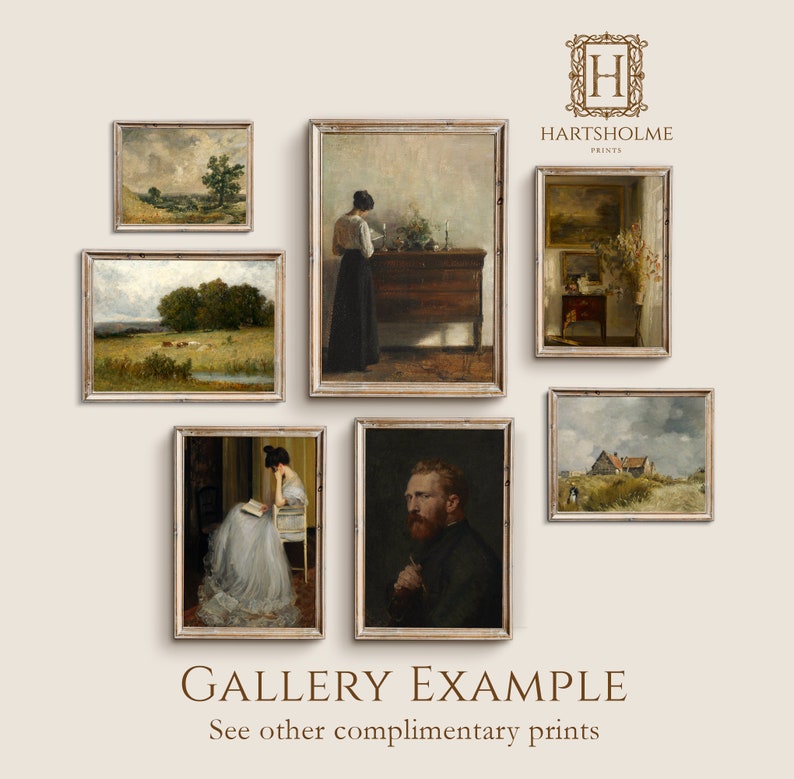Peut inclure: Une galerie murale d'impressions d'art encadr&eacute;es pr&eacute;sentant divers paysages, portraits et natures mortes. Les impressions sont de styles et de couleurs vari&eacute;s et sont dispos&eacute;es de mani&egrave;re visuellement attrayante. Le texte "GALLERY EXAMPLE" et "See other complimentary prints" est affich&eacute; sous les impressions.