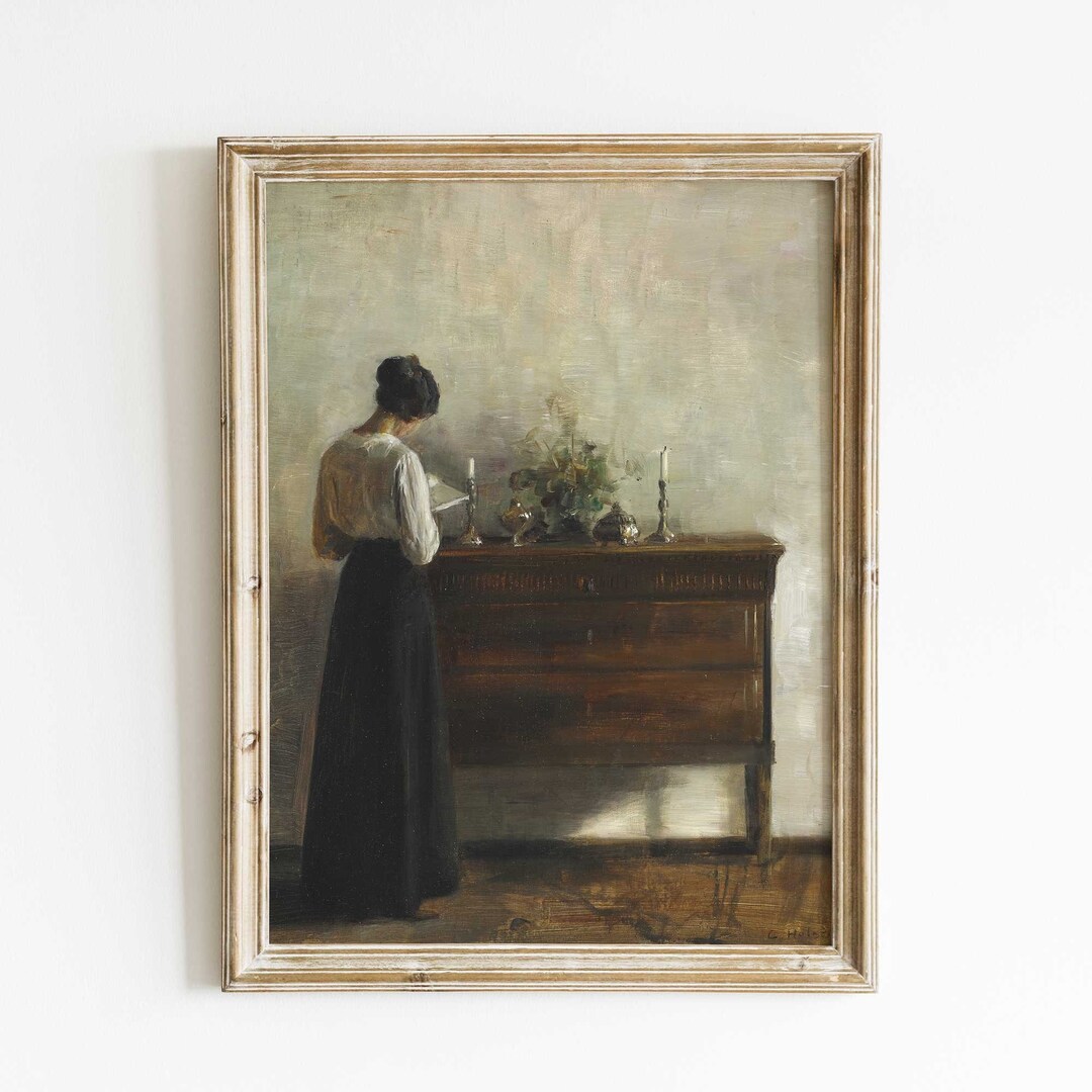Vintage Portrait Woman Reading, Interior Scene, Print of Antique Oil ...