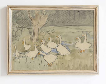 Ducks Nursery Print: Vintage Farmhouse Sketch-Style Wall Art