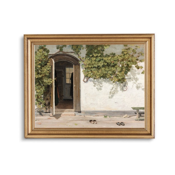 Impression de cottage européen, porte avec peinture de lierre, entrée d'une auberge, impression vintage envoyée par la poste