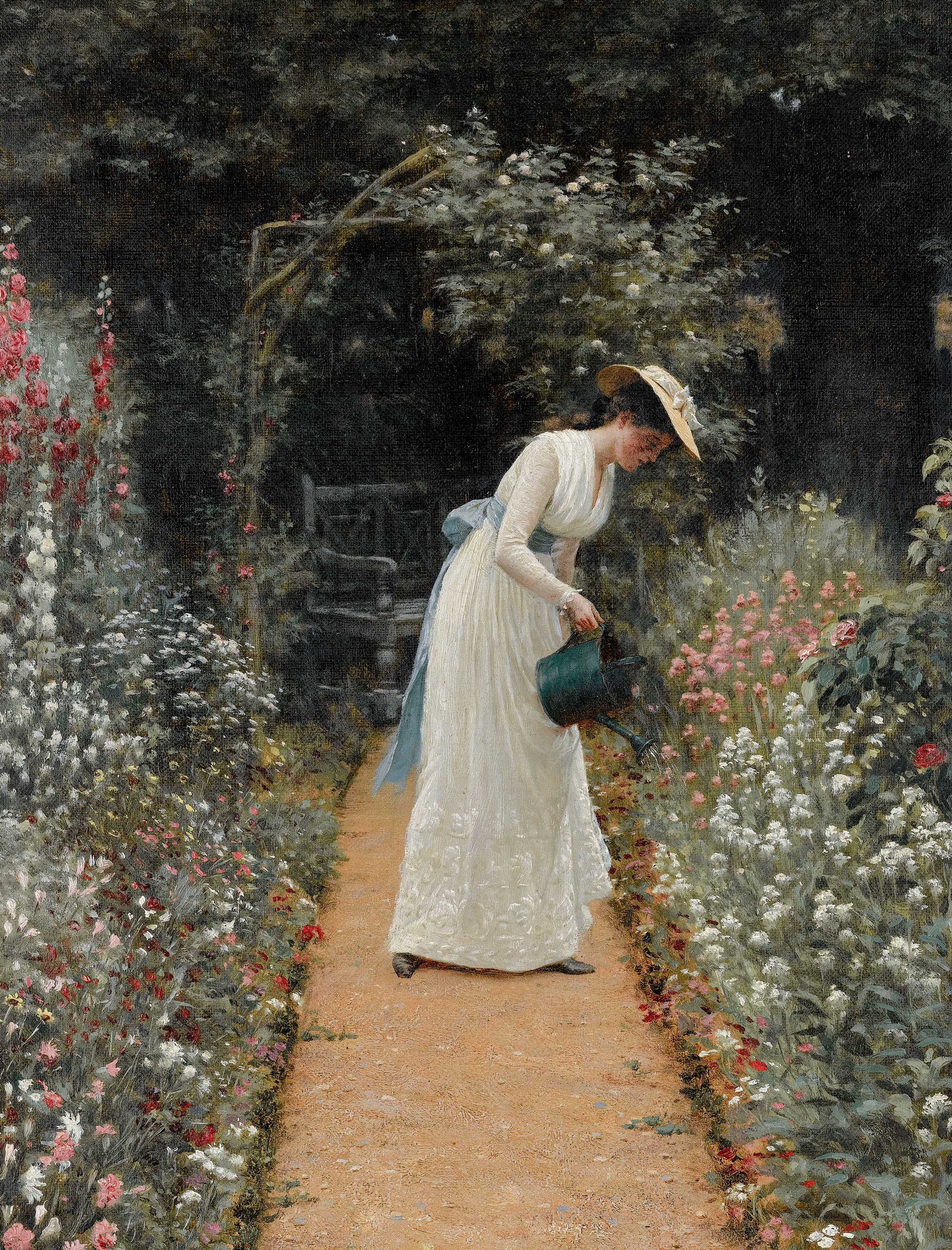 Ancien Portrait de femme arrosant des fleurs, impression de jardin