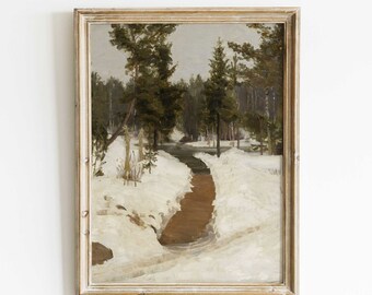 Vinterlandskapsmålning: Vintage snöscen konsttryck