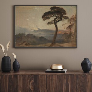 Romantic Sunset Landscape Art, Dark and Moody Antique Oil Painting, Premium Fine Art Print
