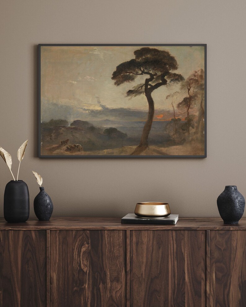Romantic Sunset Landscape Art, Dark and Moody Antique Oil Painting, Premium Fine Art Print