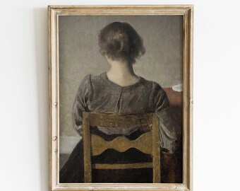 Vintage Portrait of a Woman Sitting on the Chair, Print of  Antique Female Oil Painting, Faceless Portrait, Dark and Moody Portrait Painting