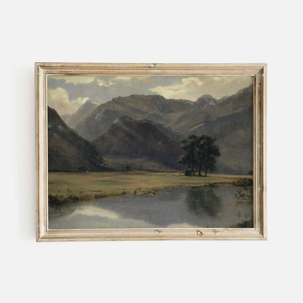 Impression de paysage de Moody River, peinture de montagne vintage, décoration de cabane, peinture de paysage ancienne, vieille peinture à l'huile