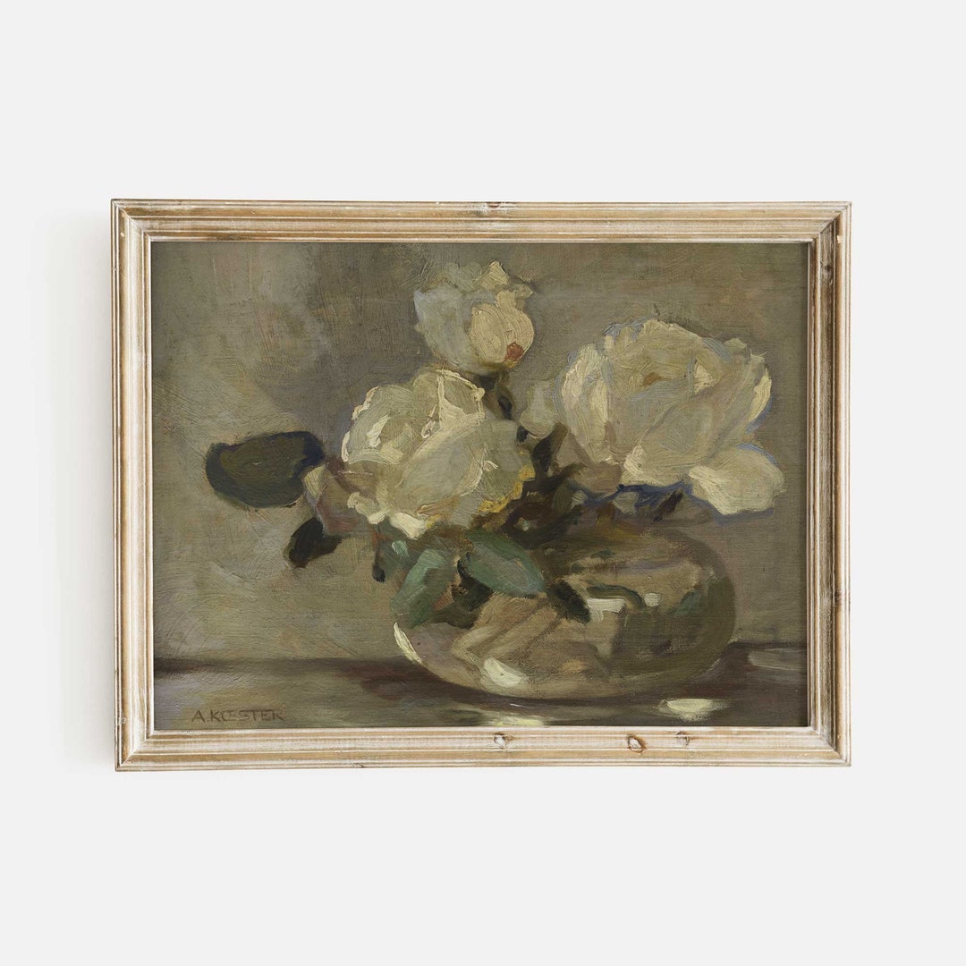 Vintage Floral Still Life Art Print: White Roses in Glass Vase Painting ...