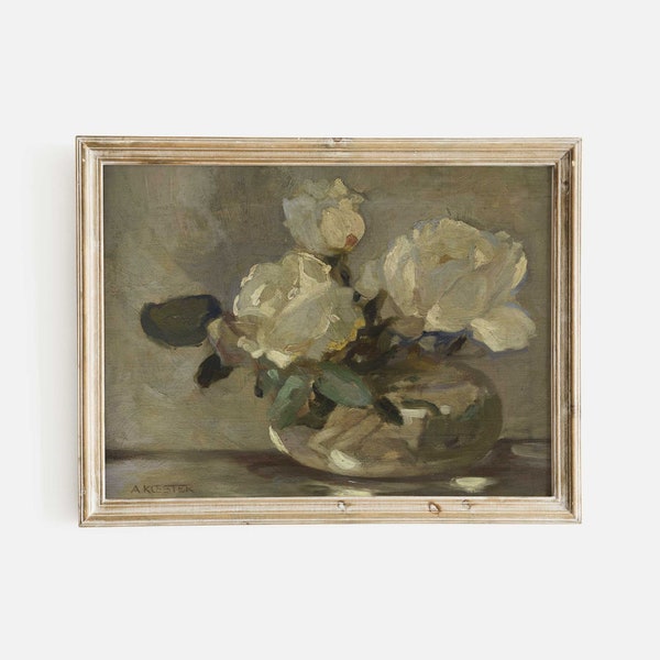 Flowers in Glass Vase, Vintage Floral Still Life, Neutral Roses Painting, MAILED ART PRINTS,  White Flower Blooms, Antique Oil Painting