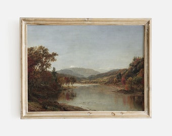 Vintage Autumn Mountain Landscape Oil Painting Print: Antique Wall Art, Moody Decor