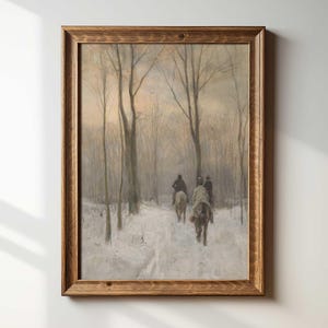 Stampa equestre invernale: paesaggio vintage con foresta innevata