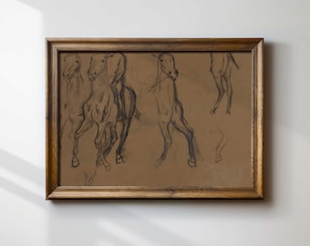 May include: A framed black and white pencil drawing of four horses in various poses. The drawing is on a brown paper background.