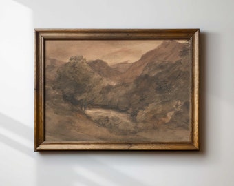 Moody Vintage Watercolour and Graphite Painting, Rustic Brown Lake Landscape, Premium Fine Art Print