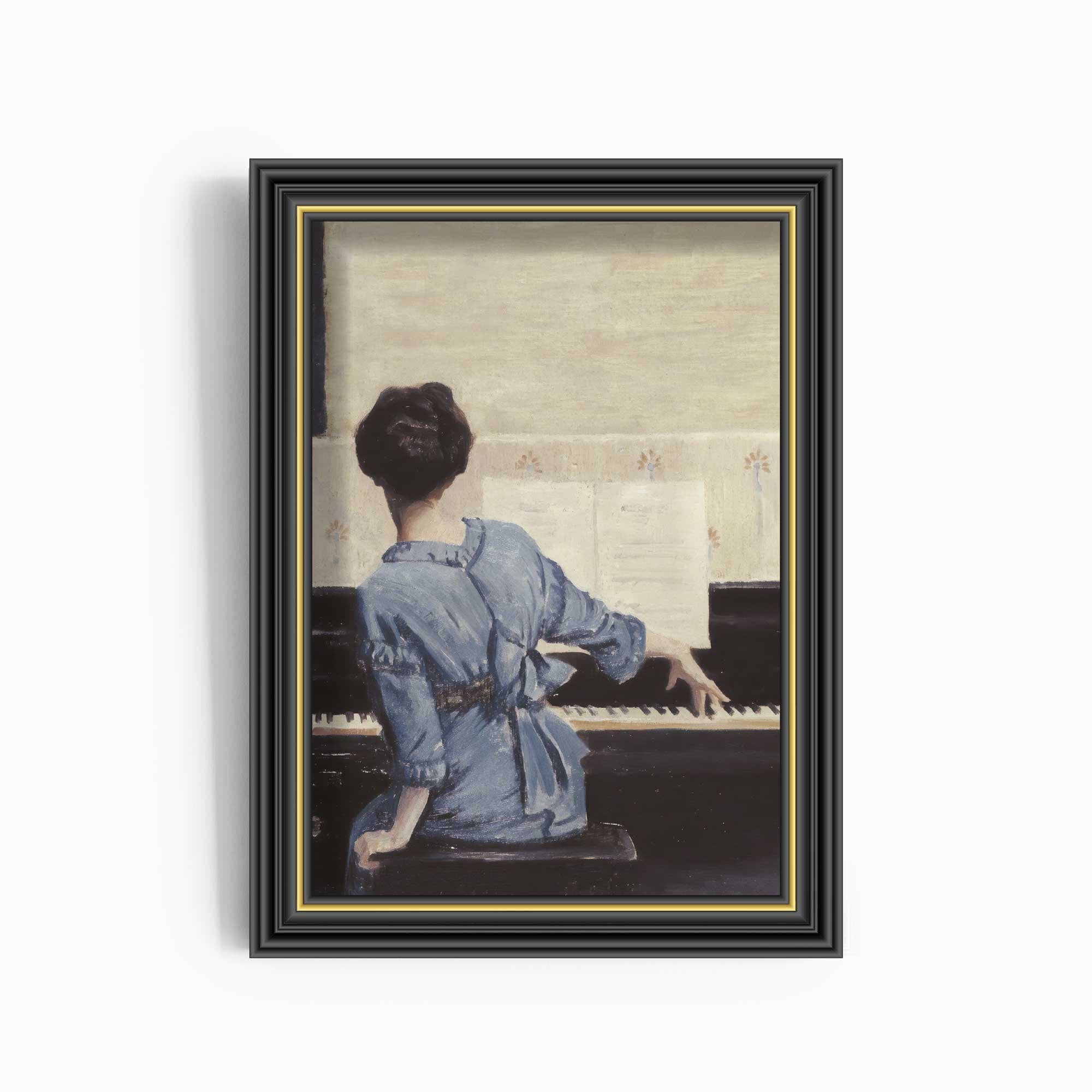 Vintage Portrait Woman Playing Piano, Female Pianist Painting, Antique ...
