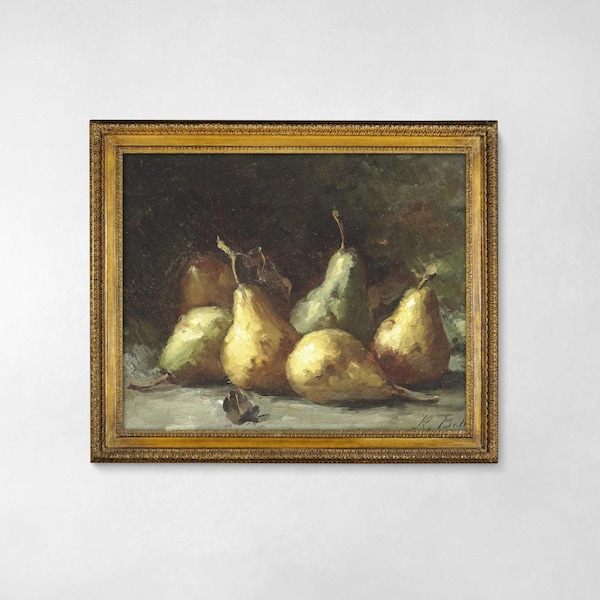 Impresión de arte de cocina de pera, pintura de bodegones de frutas vintage, arte de pared cambiante de cocina, pintura al óleo antigua, decoración de cocina de granja