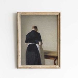 Victorian Woman Portrait Print: Antique Oil Painting, Maid in Black Dress