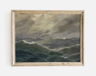 Choppy Sea Oil Painting Print, Stormy Seagulls Seascape, Coastal Lake House Decor