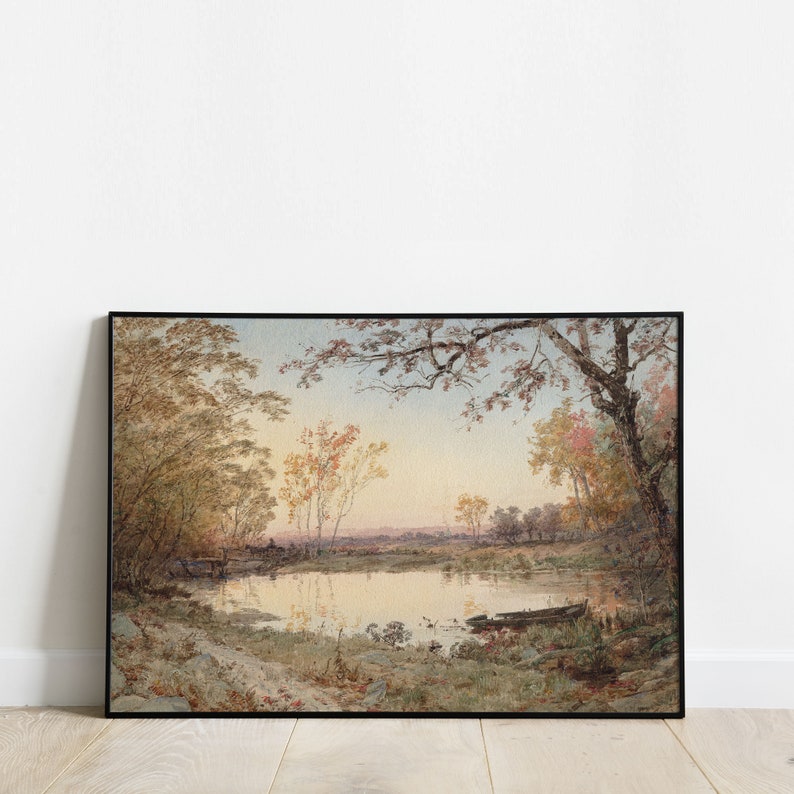 Neutral Autumn Pond Landscape Art, Print of Old Antique Oil Painting