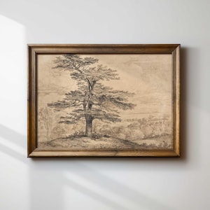 Charcoal Landscape Print: Vintage Tree and Deer Sketch Art