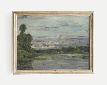 French Landscape Giclee Print: Vintage Lake Scenery Oil Painting Reproduction