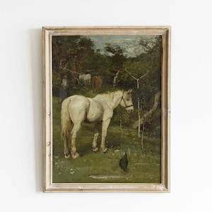Vintage White Horse Print: Rustic Equestrian Farmhouse Wall Art