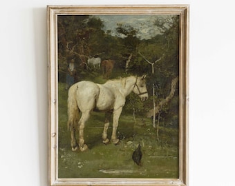 Vintage White Horse Print: Rustic Equestrian Farmhouse Wall Art