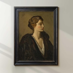 May include: A framed oil painting of a woman with dark hair wearing a dark fur coat. The woman is looking to the right of the frame and has a neutral expression on her face.