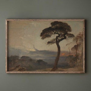 Romantic Sunset Landscape Art, Dark and Moody Antique Oil Painting, Premium Fine Art Print