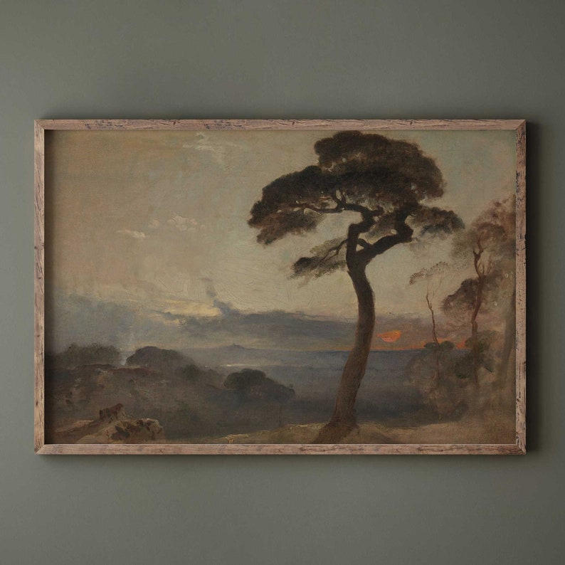 Romantic Sunset Landscape Art, Dark and Moody Antique Oil Painting, Premium Fine Art Print