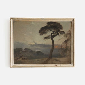 Romantic Sunset Landscape Art, Dark and Moody Antique Oil Painting, Premium Fine Art Print
