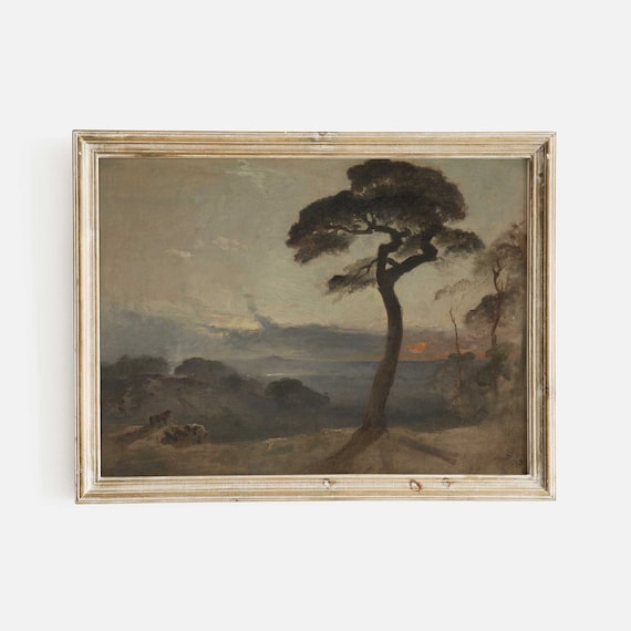 Antique Sunset Landscape Art Print: Moody Hampstead Heath Painting