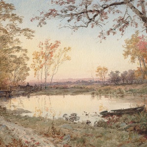 Neutral Autumn Pond Landscape Art, Print of Old Antique Oil Painting