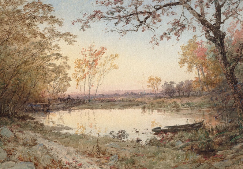 Neutral Autumn Pond Landscape Art, Print of Old Antique Oil Painting